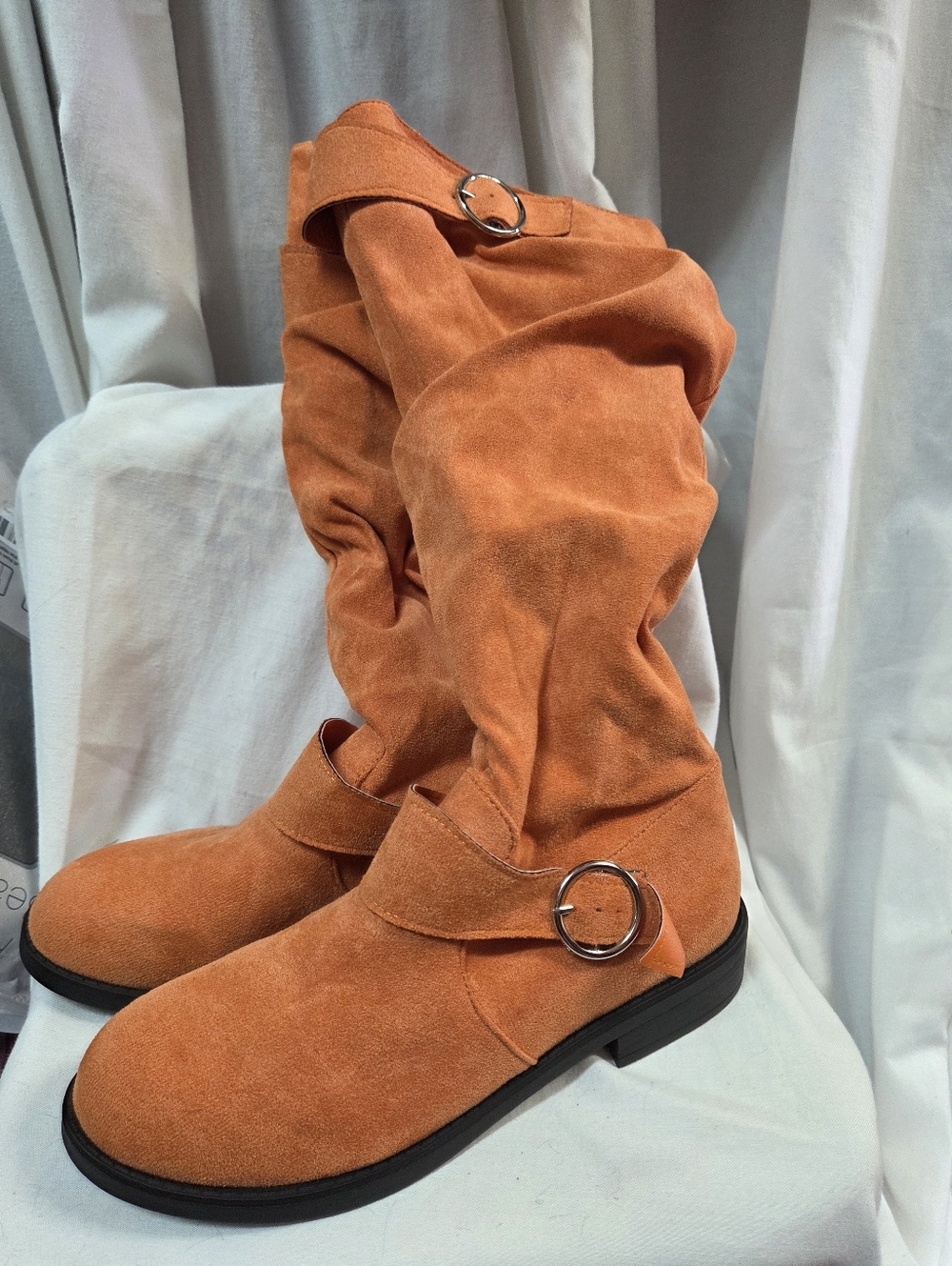 Women's Orange Faux Suede Mid-Calf Buckle Boots